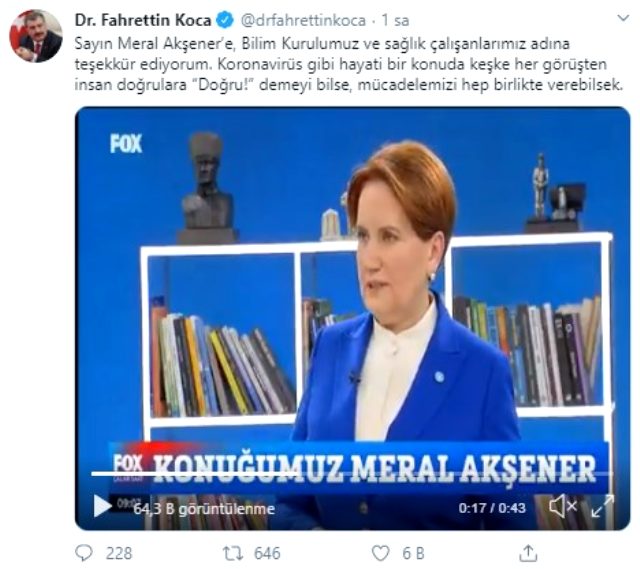 Fahrettin Koca, Meral Akşener�e teşekkür etti