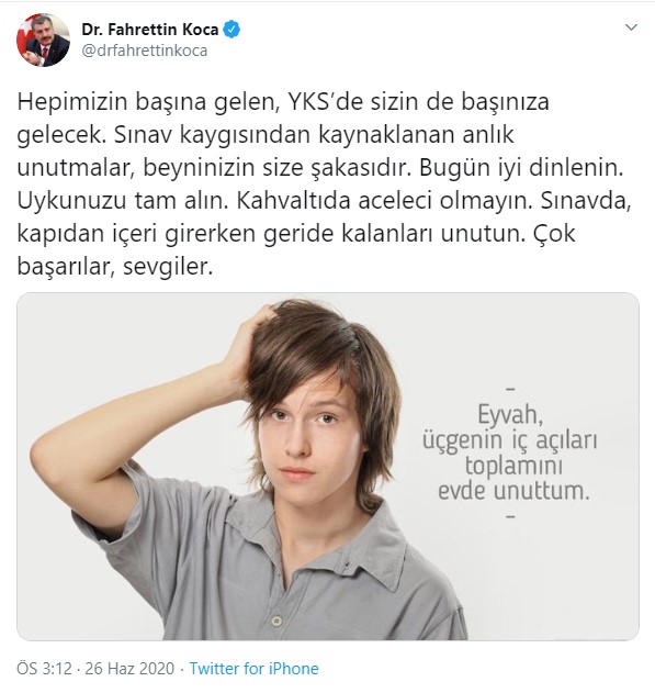 Sağlık Bakanı Koca�dan dikkat çeken YKS paylaşımı Sizin Sağlık Bakanı Koca�dan dikkat çeken YKS paylaşımı Sizin